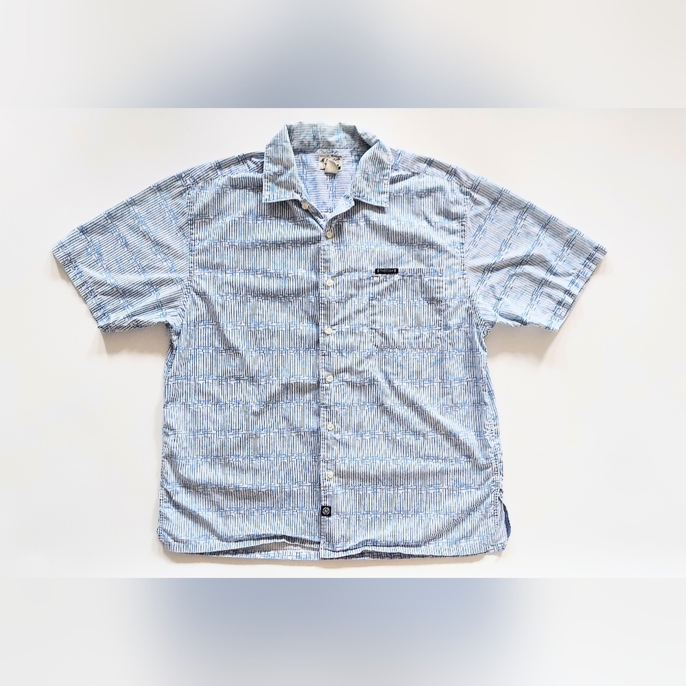 Nautica Short Sleeve Button Up Light Shirt Blue White Mens Large